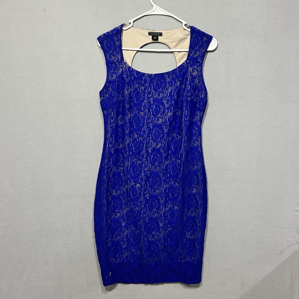 Blue Lace Bodycon Dress Womens Size Medium Open Back Cocktail Club Sexy Party